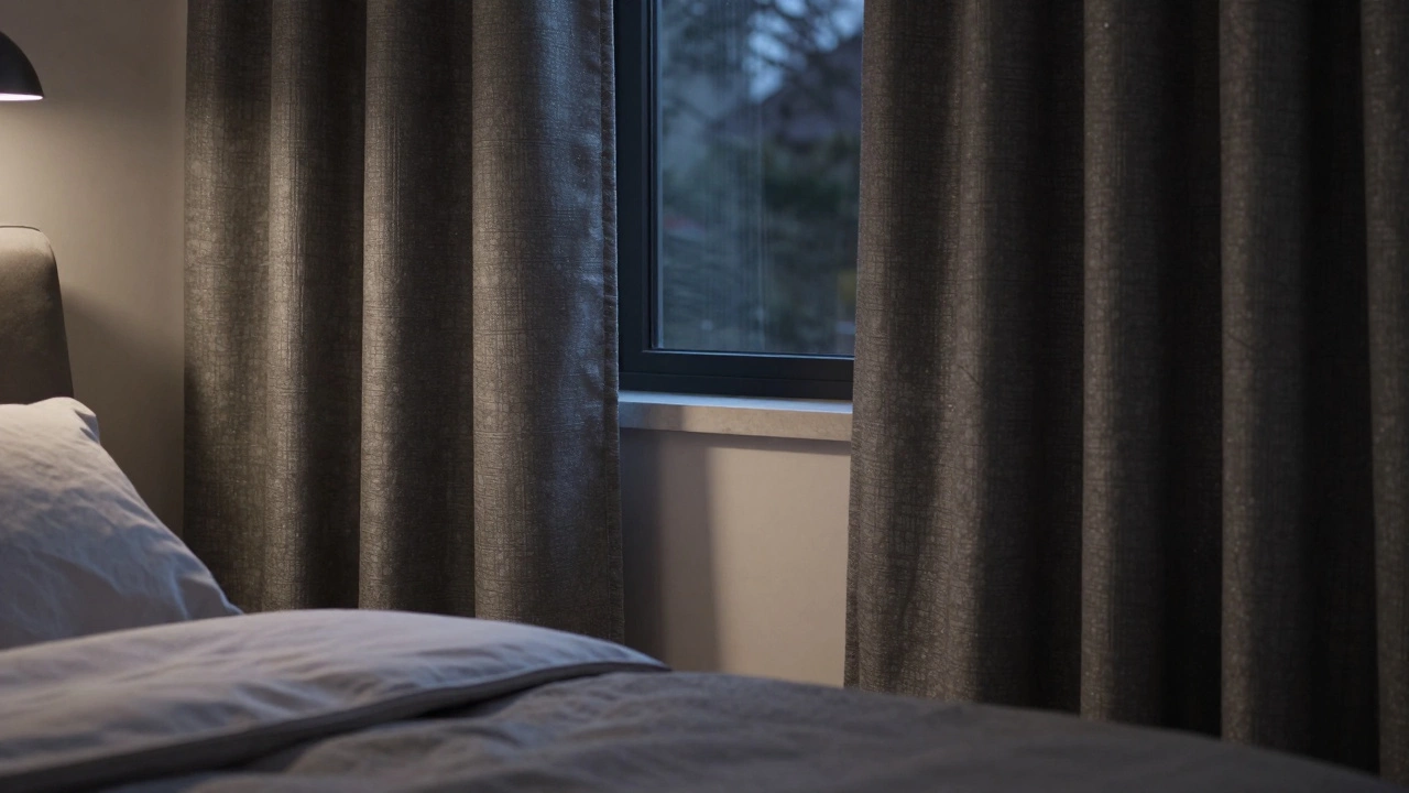 Cozy bedroom corner with charcoal grey curtains at dusk