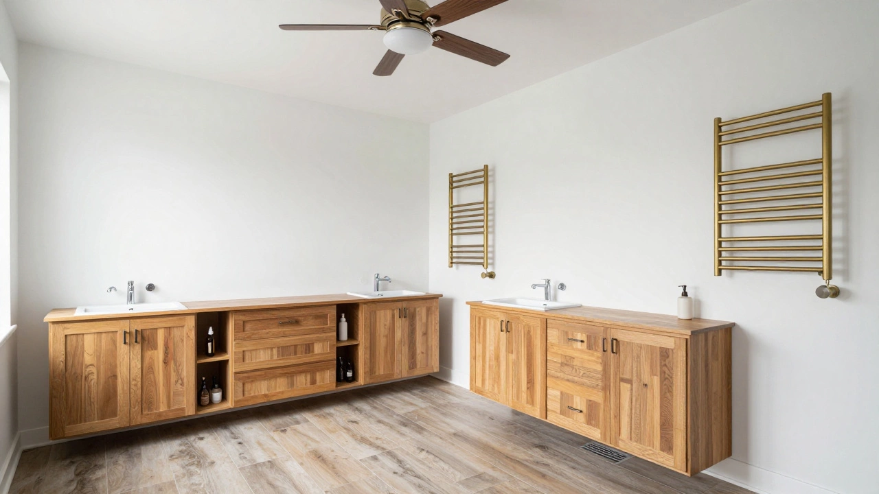 Finished budget bathroom with wooden storage and modern accessories