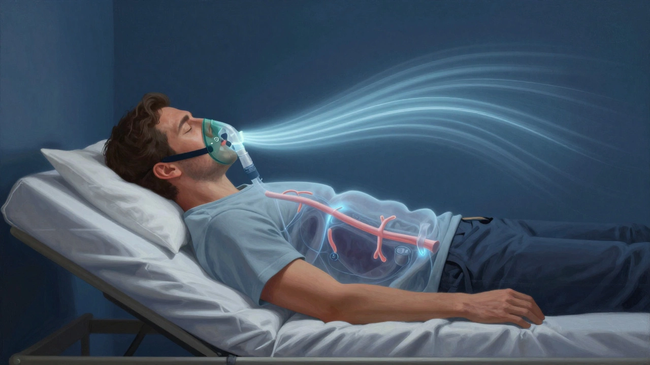 Man breathing easily on an elevated adjustable bed, airways open without a CPAP mask.