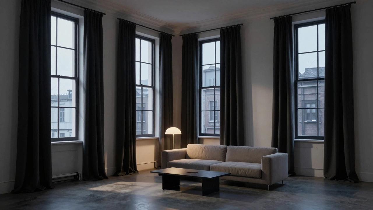 Matte charcoal blackout curtains in a modern white-walled loft, adding depth and structure to the space.