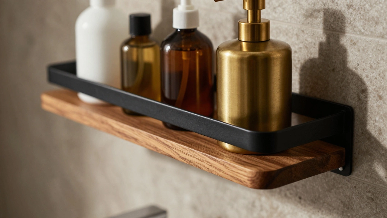 Organized bathroom shelves with brass fixtures and toiletries