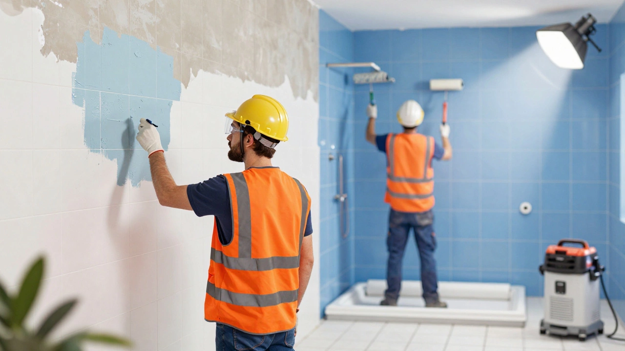 Person applying waterproofing while painter updates wall surfaces