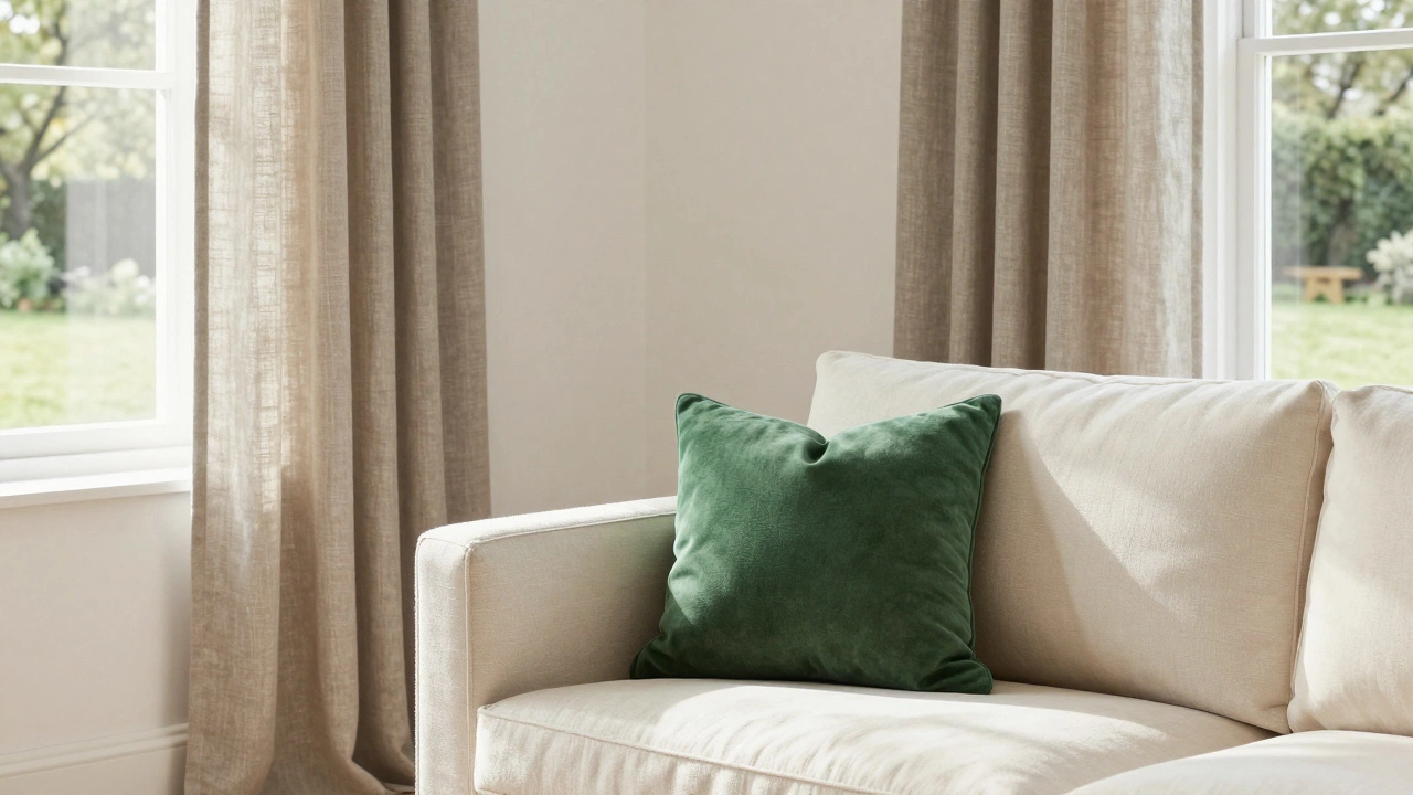 Soft taupe curtains paired with warm white walls and an emerald green accent pillow, showing balanced interior design.