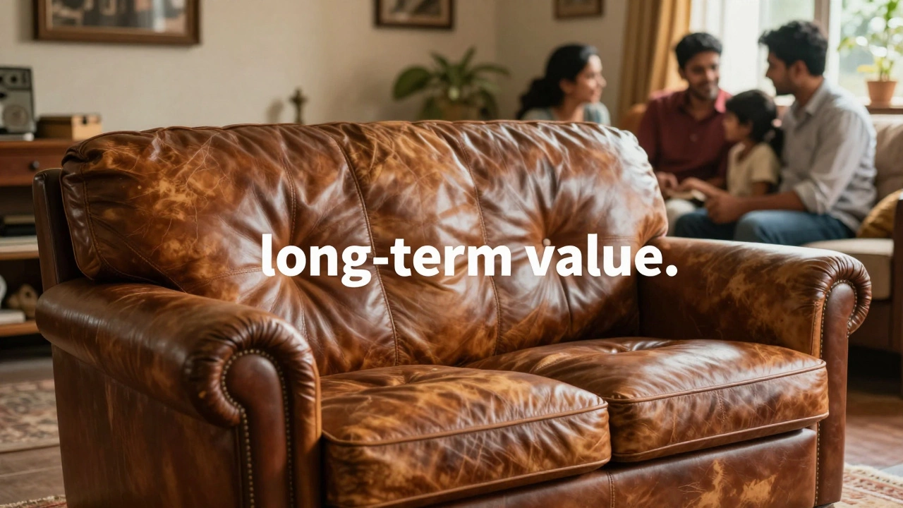 A durable top-grain leather sofa with a natural patina in a cozy home.