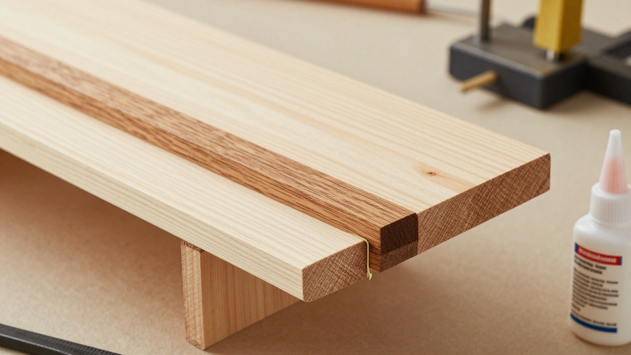 A hardwood edge cleat being attached to a pine shelf for added structural strength.