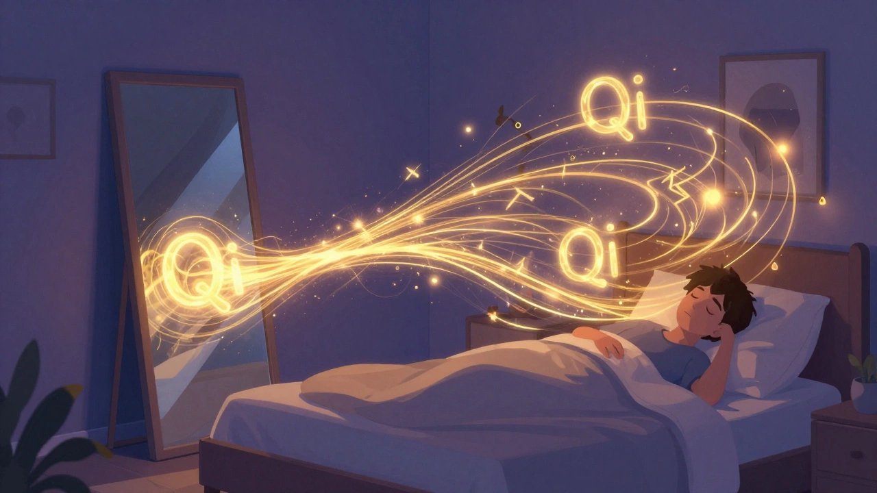 Artistic depiction of golden energy lines bouncing off a bedroom mirror and disrupting sleep.