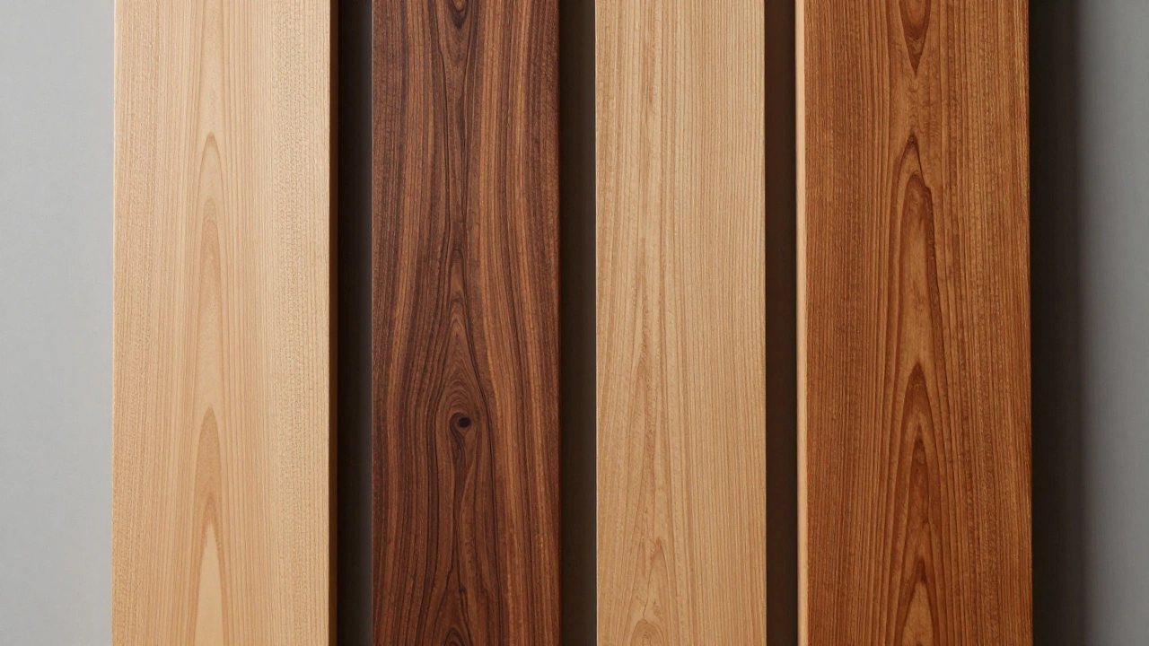 Comparison of Maple, Walnut, and Oak wood planks showing different grains and colors.