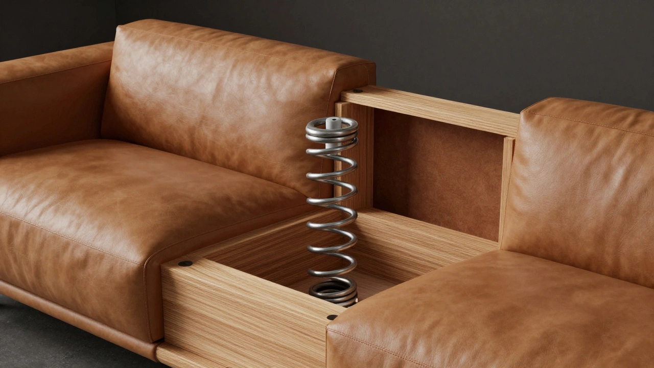 Cutaway view of a sofa showing a hardwood frame and hand-tied spring system.