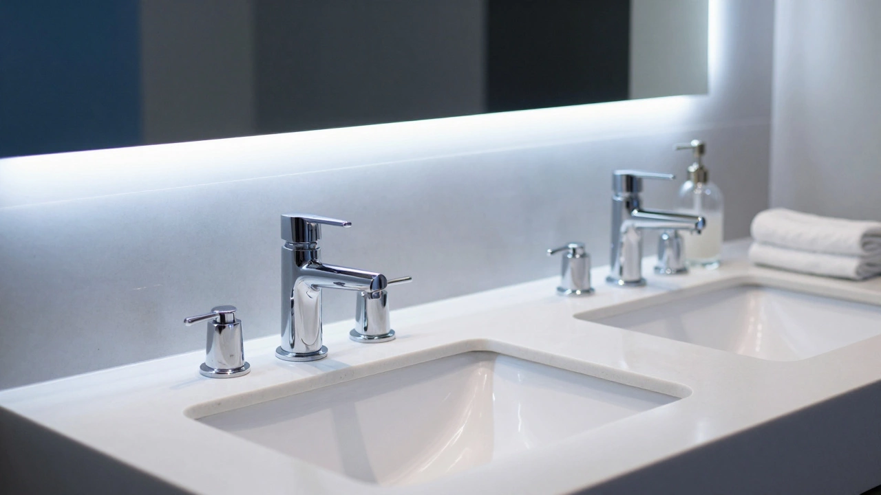 Double quartz vanity with two sinks and a backlit LED mirror in a luxury bathroom