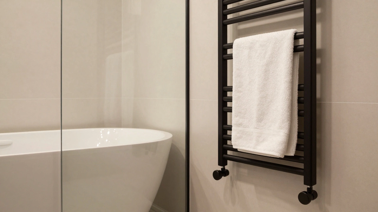 Freestanding bathtub and walk-in shower next to a heated towel rail