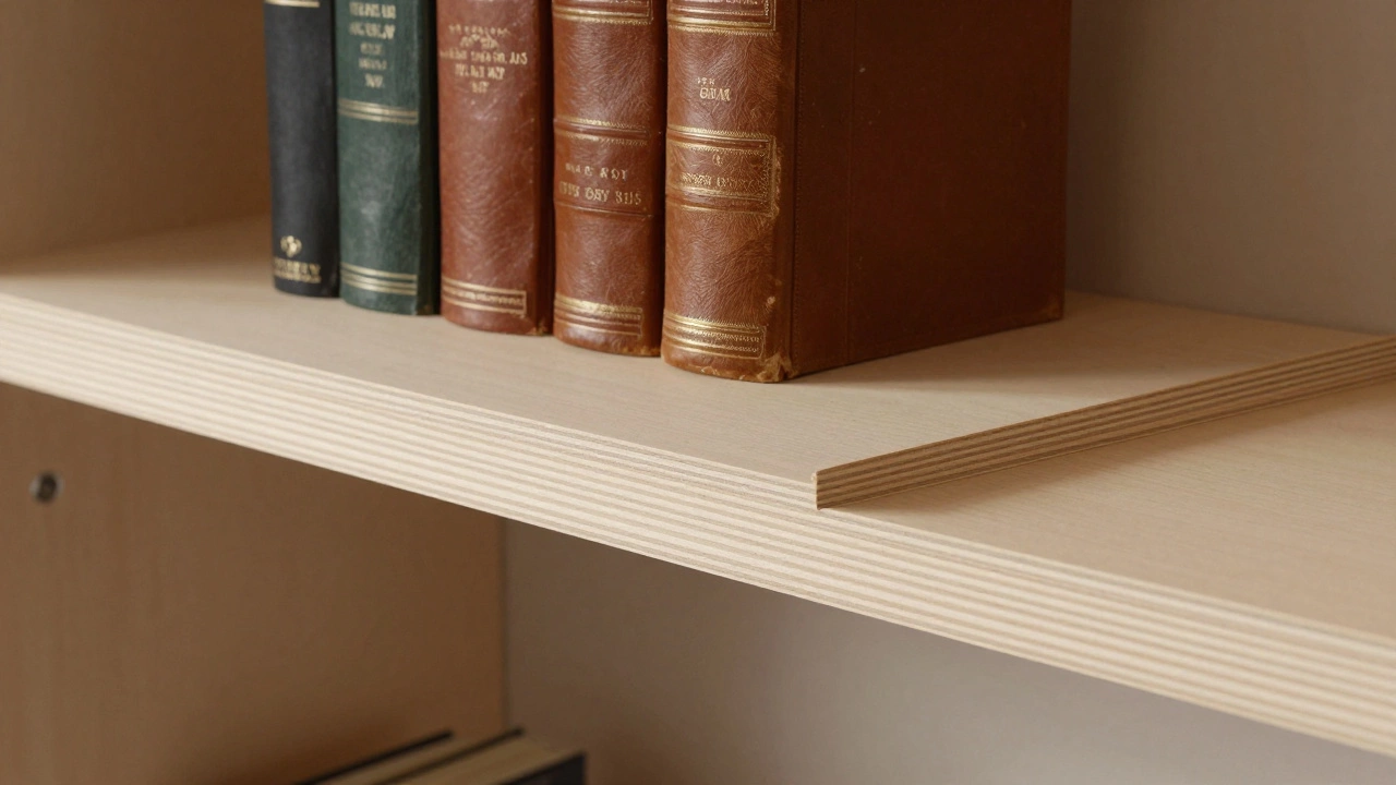 Heavy books resting on a sturdy Baltic Birch plywood shelf showing cross-laminated layers.