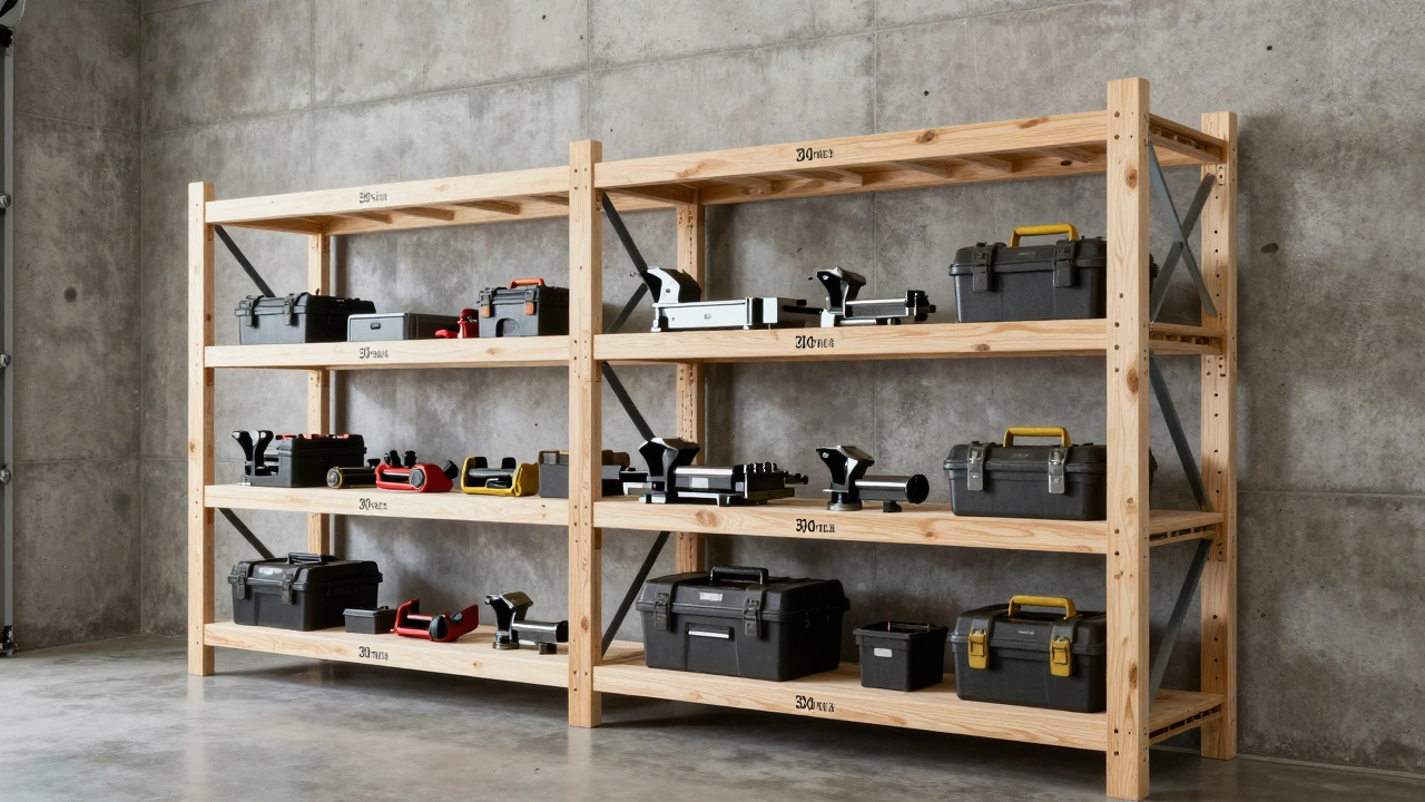 Heavy-duty White Oak garage shelves supporting industrial tools and equipment.