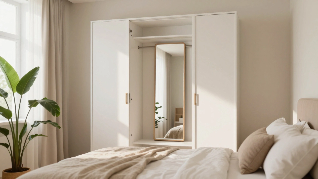 Serene bedroom with a mirror placed inside a wardrobe door and natural light from a window.