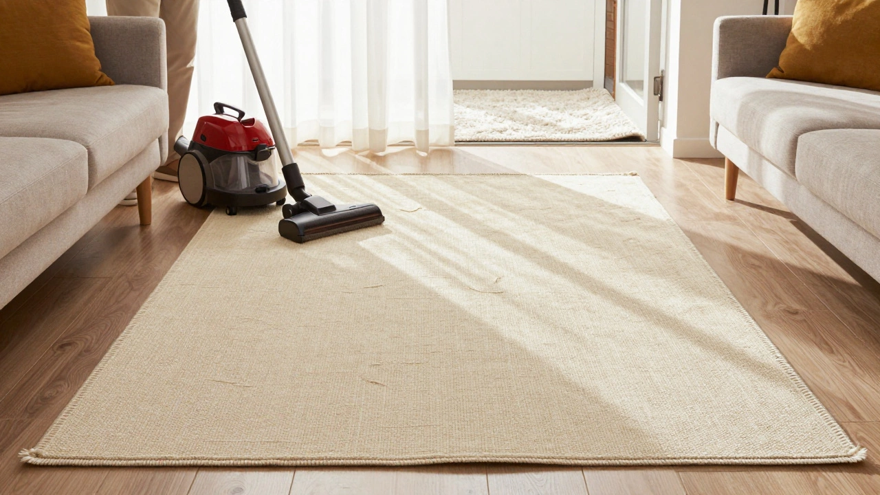 Clean living room with vacuum and low-shedding flat-weave rug