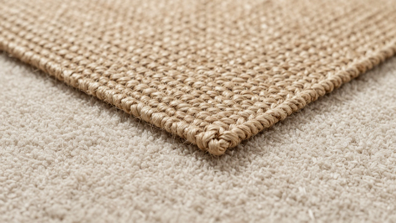 Close-up of a textured jute rug resting securely on plush carpet fibers.