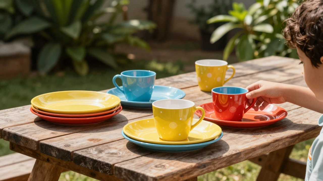 Colorful durable melamine dinnerware set on outdoor picnic table