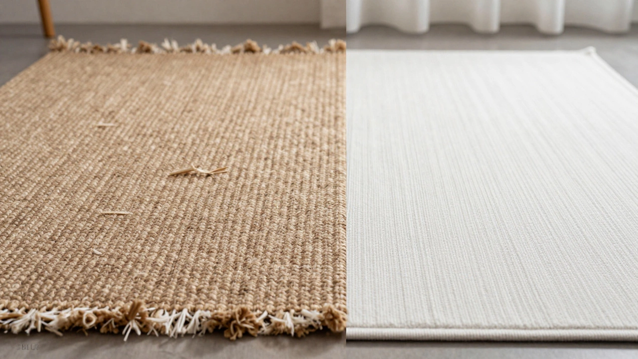 Comparison of fraying jute rug versus smooth polypropylene rug