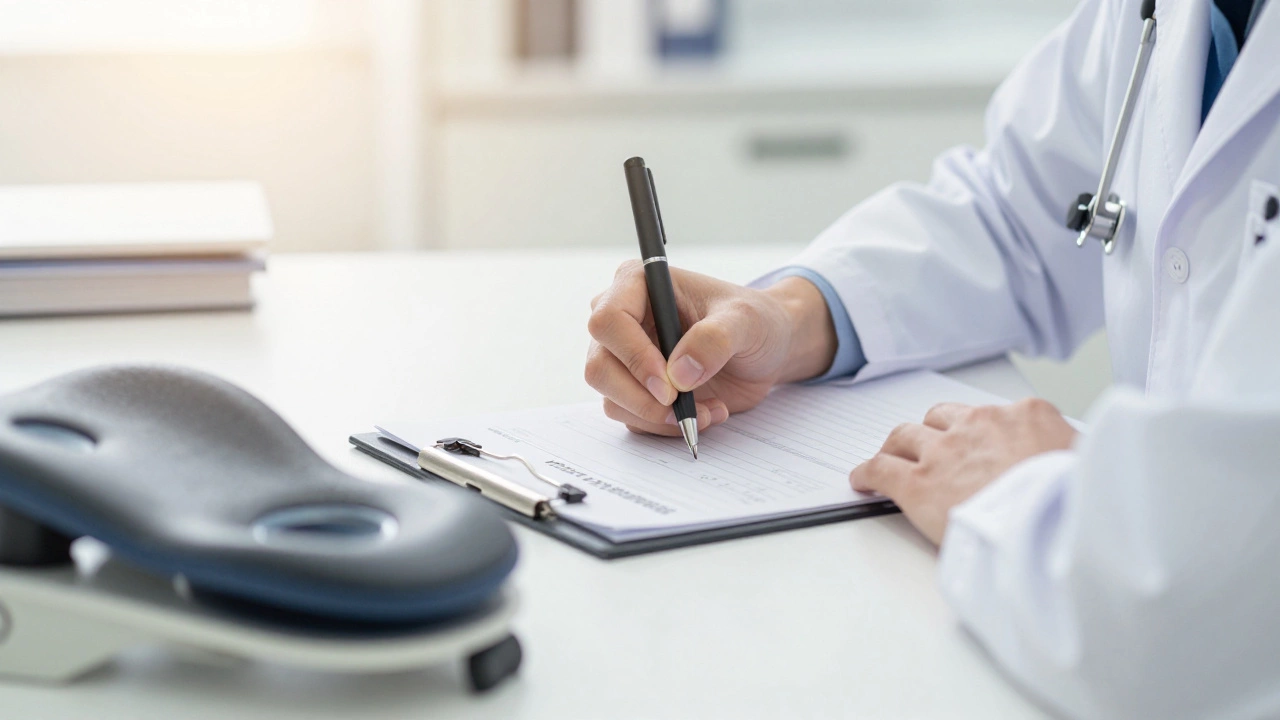 Doctor writing a prescription with a medical cushion in the foreground