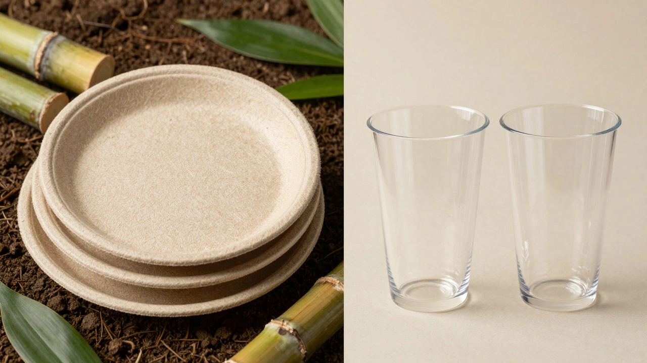 Eco-friendly bagasse plates next to clear reusable Tritan glasses