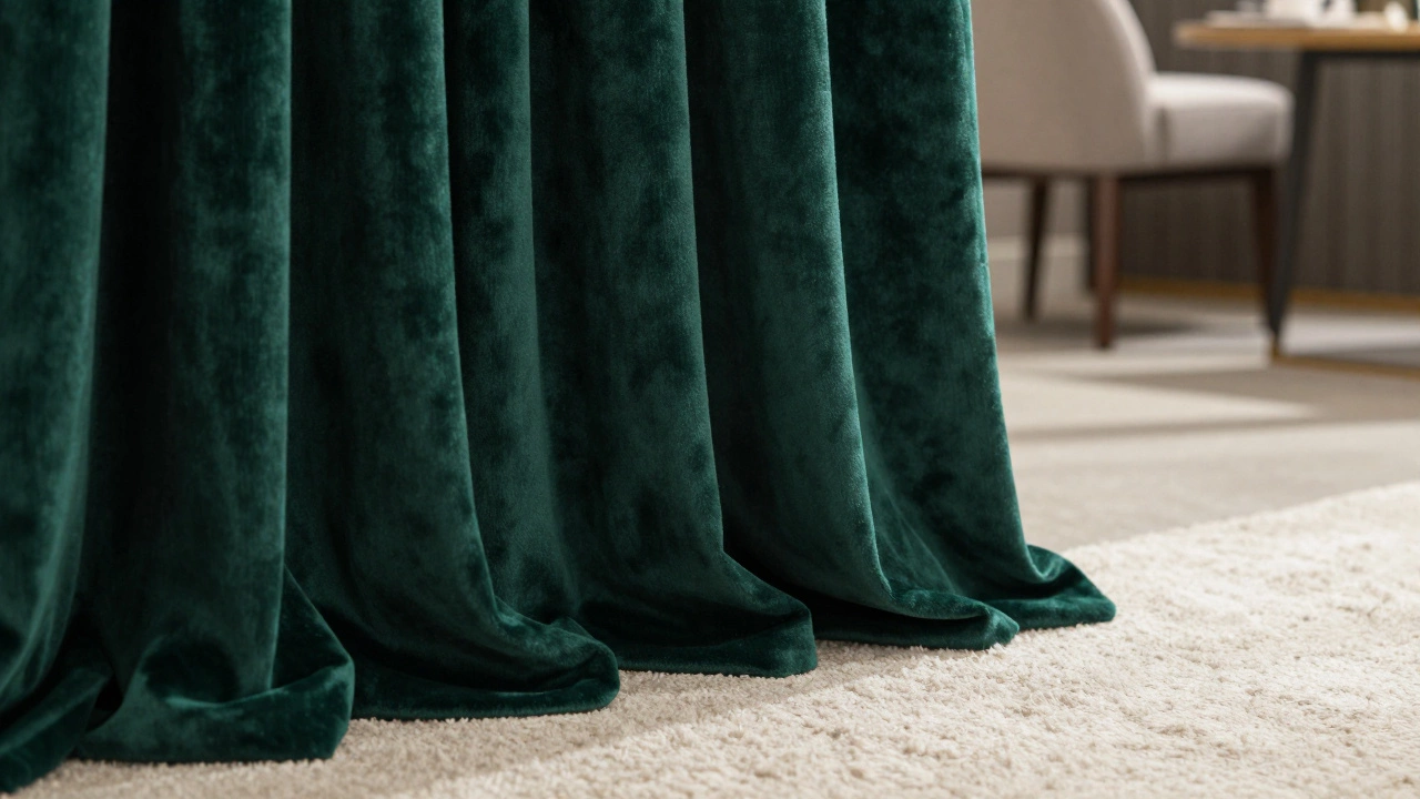 Heavy velvet curtains gently touching the carpet floor