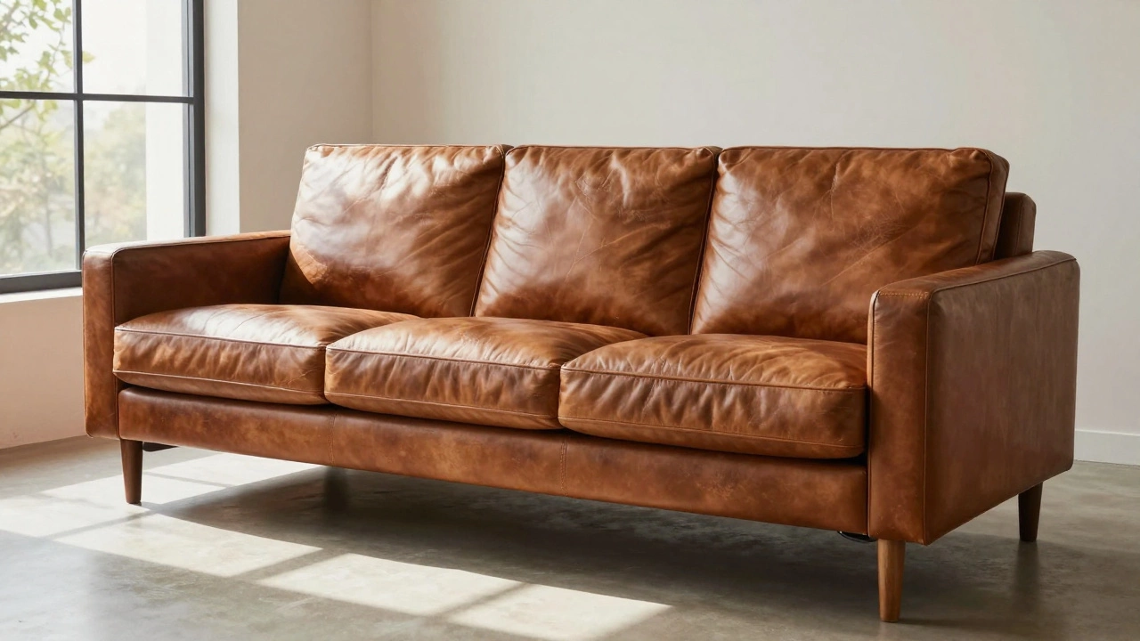 High-quality leather sofa in a sunlit modern living room