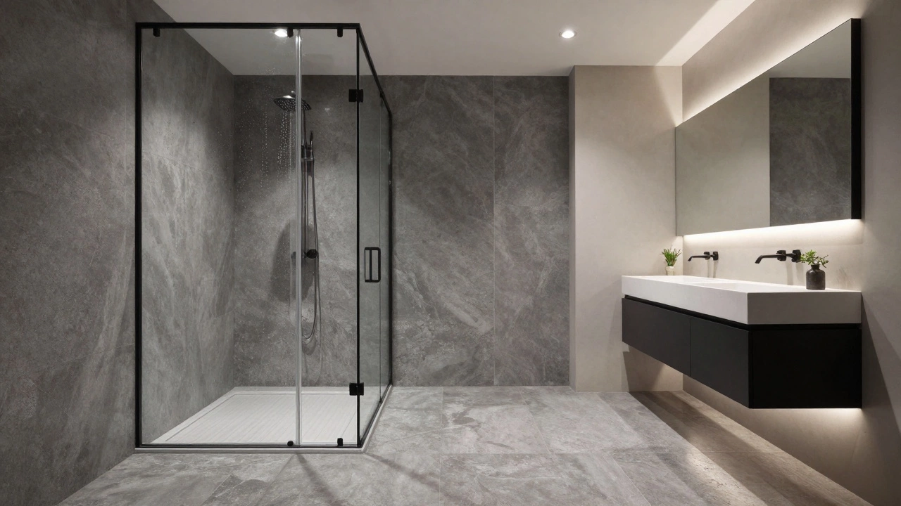Modern wet room with open shower and floating vanity