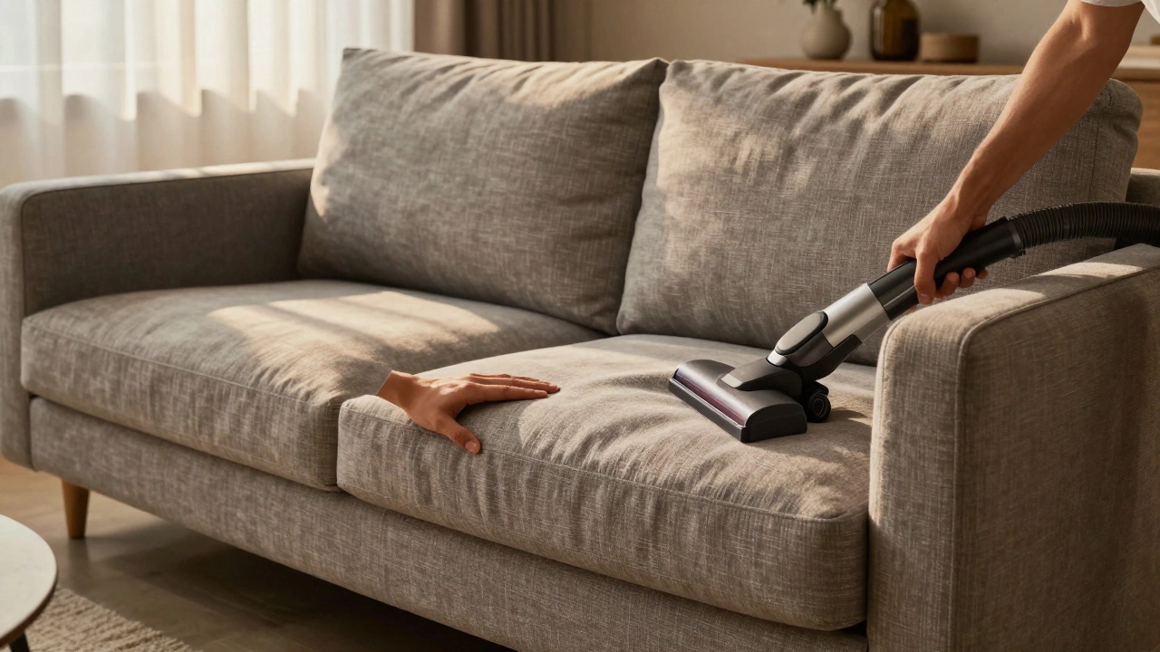 Person maintaining a high-quality grey sofa in a sunlit living room