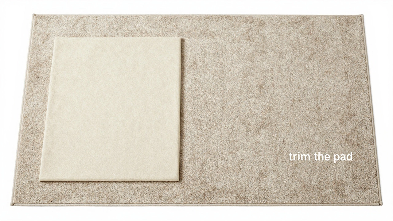 Top-down view of a rug, non-slip pad, and carpet showing proper layering.