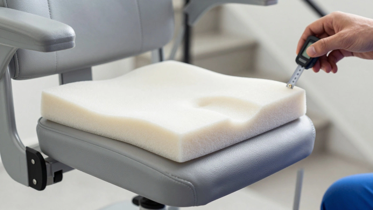 Close-up of premium stair lift cushion and technician measuring rail