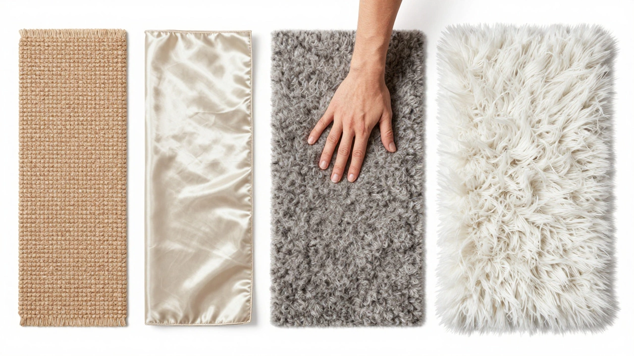 Comparison of jute, silk, wool, and polyester rug textures showing pile height
