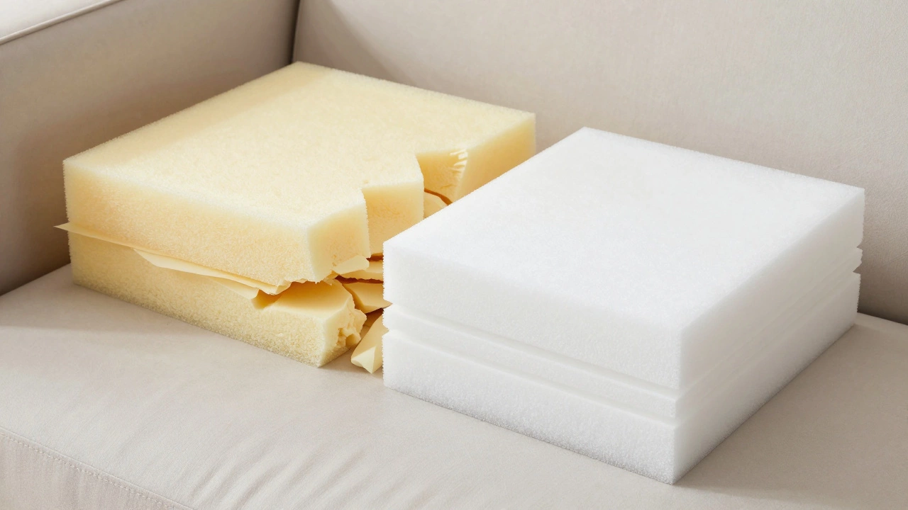 Cutaway view comparing crushed low-density vs fresh high-density foam
