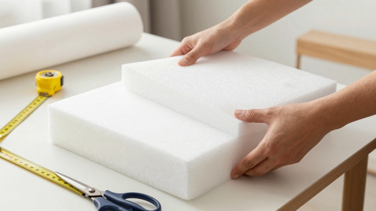 Hands installing new high-density foam into a clean cushion cover