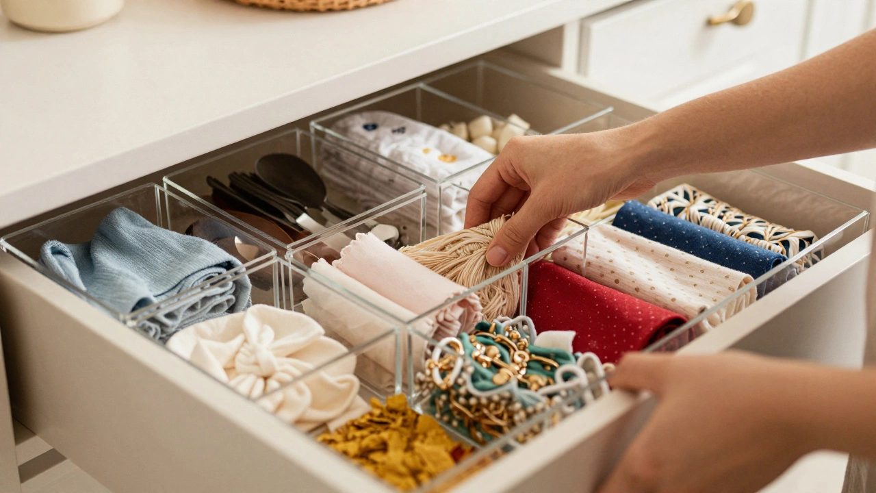 Hands organizing clear bins with fabrics and items in a tidy drawer