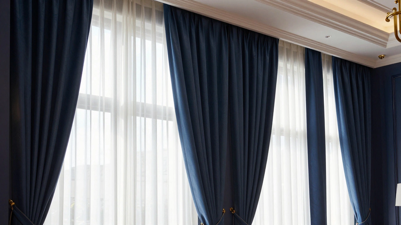 Layered sheer and navy drapes in elegant hotel lobby