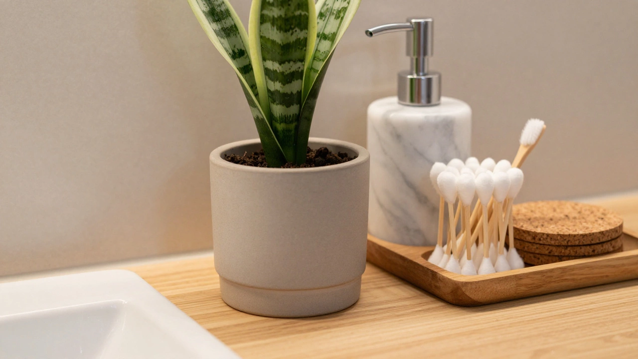 Marble soap dispenser, wooden tray, and snake plant on a bathroom counter.