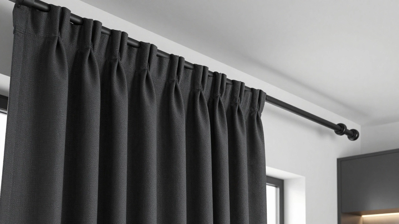 Matte black rod with pencil pleat curtains near ceiling