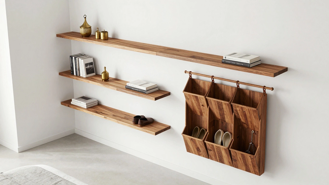 Minimalist bedroom with floating shelves and vertical storage solutions