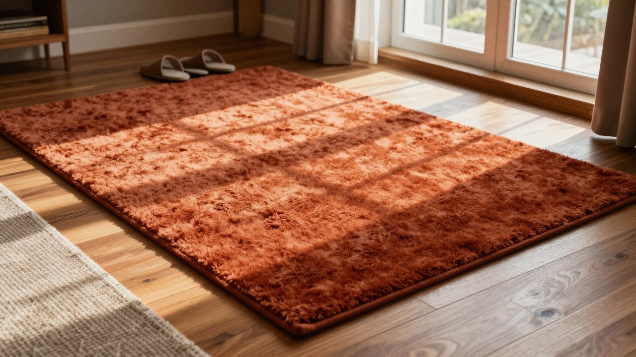 Plush wool rug in a cozy Indian bedroom with morning sunlight