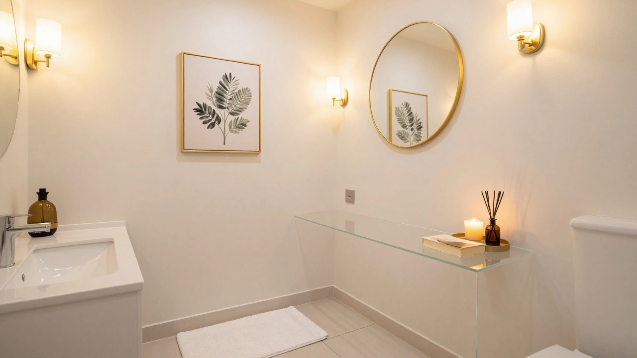 Serene bathroom spa corner with candle, diffuser, and warm ambient lighting.