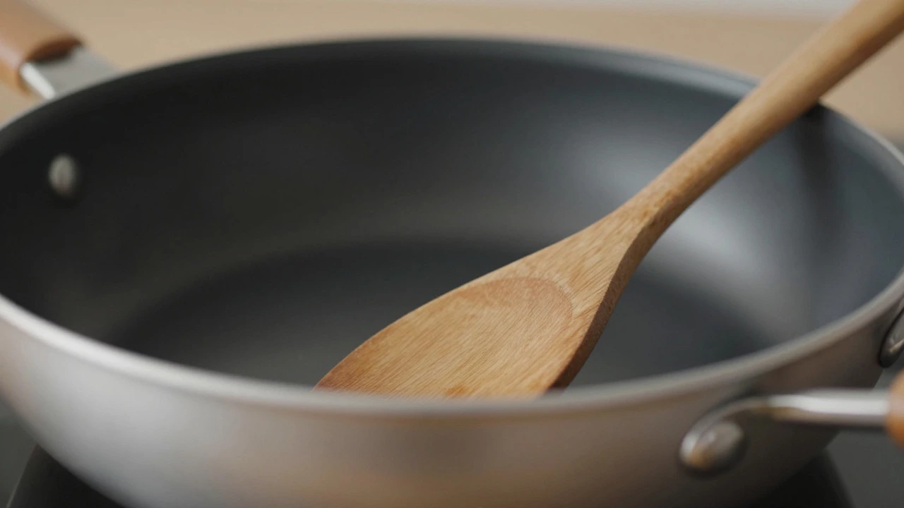 Close-up of a durable non-stick frying pan with wooden spoon
