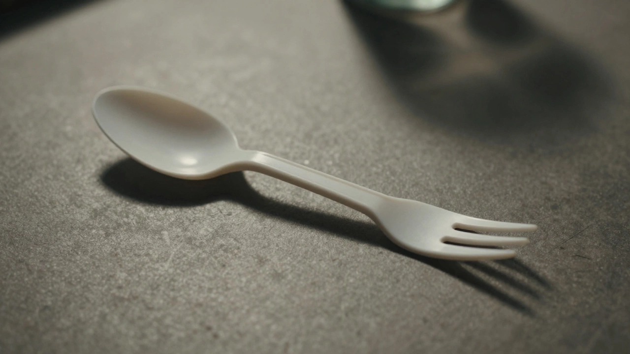 Close-up of a plastic spork highlighting its hybrid design