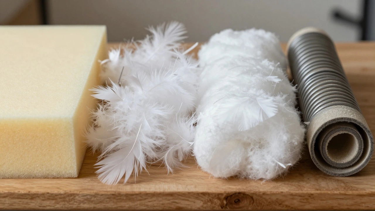 Close-up of different cushion fillings: foam, down, fiberfill, and springs.