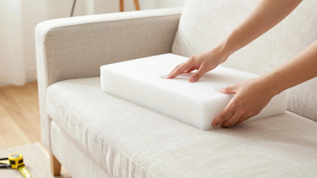 Hands inserting new firm foam into a clean sofa cushion cover.