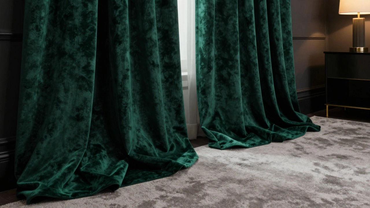Heavy emerald velvet drapes pooling elegantly on a carpeted bedroom floor