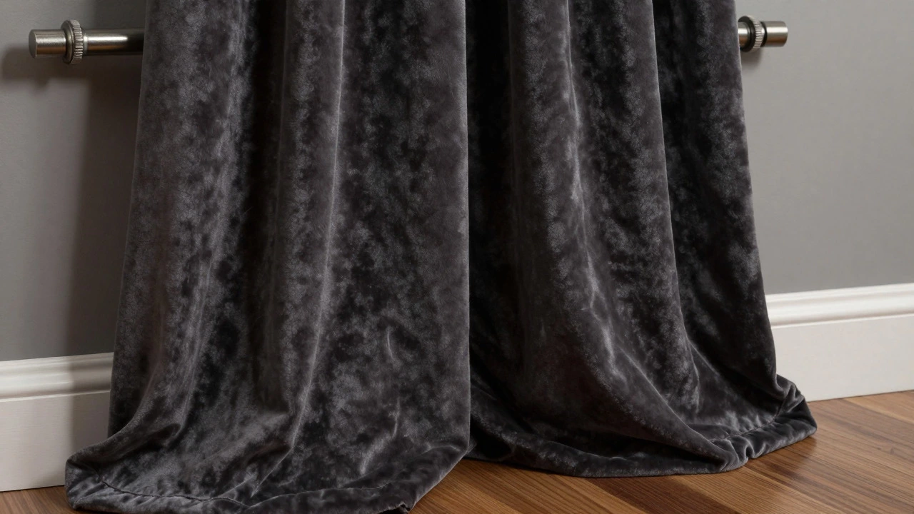 Heavy velvet drapes with a slight break pooling on the floor