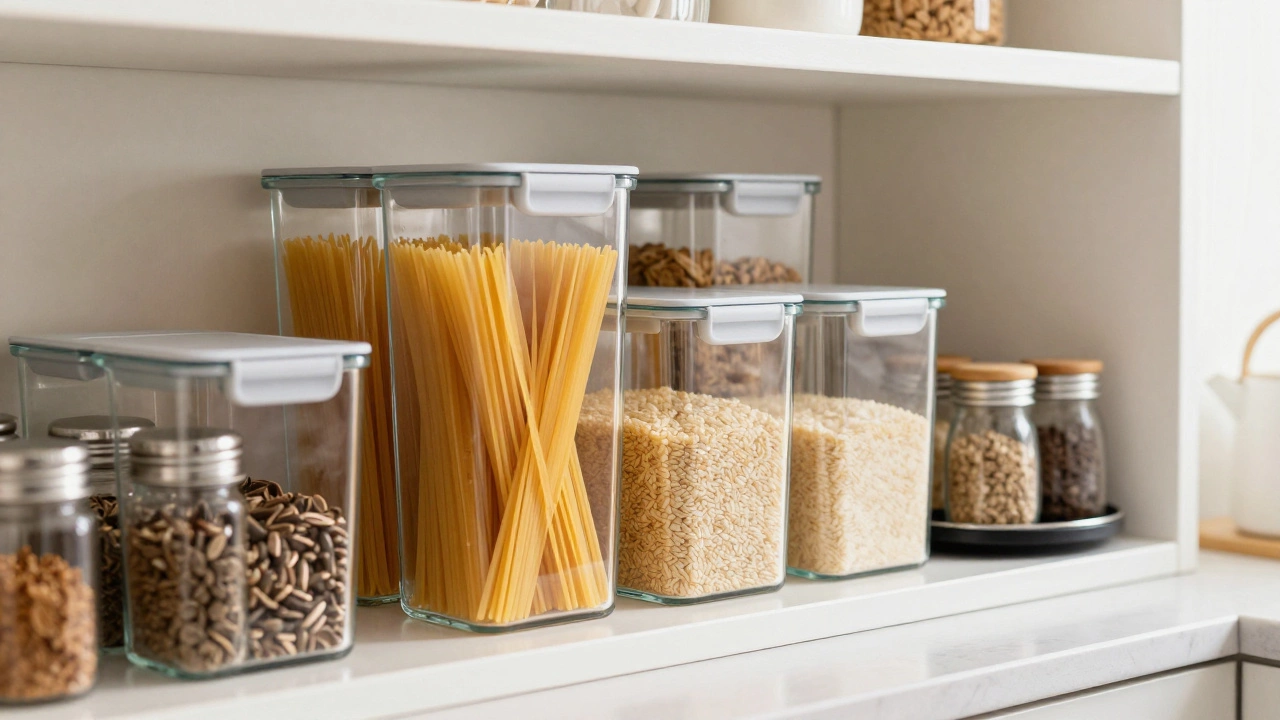 Organized kitchen shelves with clear containers for easy visibility
