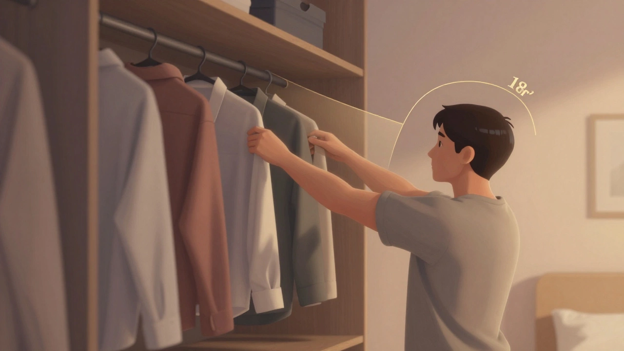 Person easily reaching clothes in a spacious, organized closet