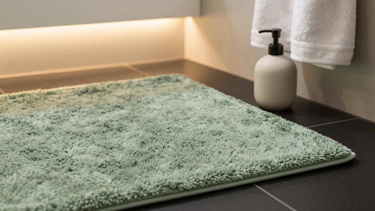 Plush bath mat, ceramic dispenser, and warm LED lighting details