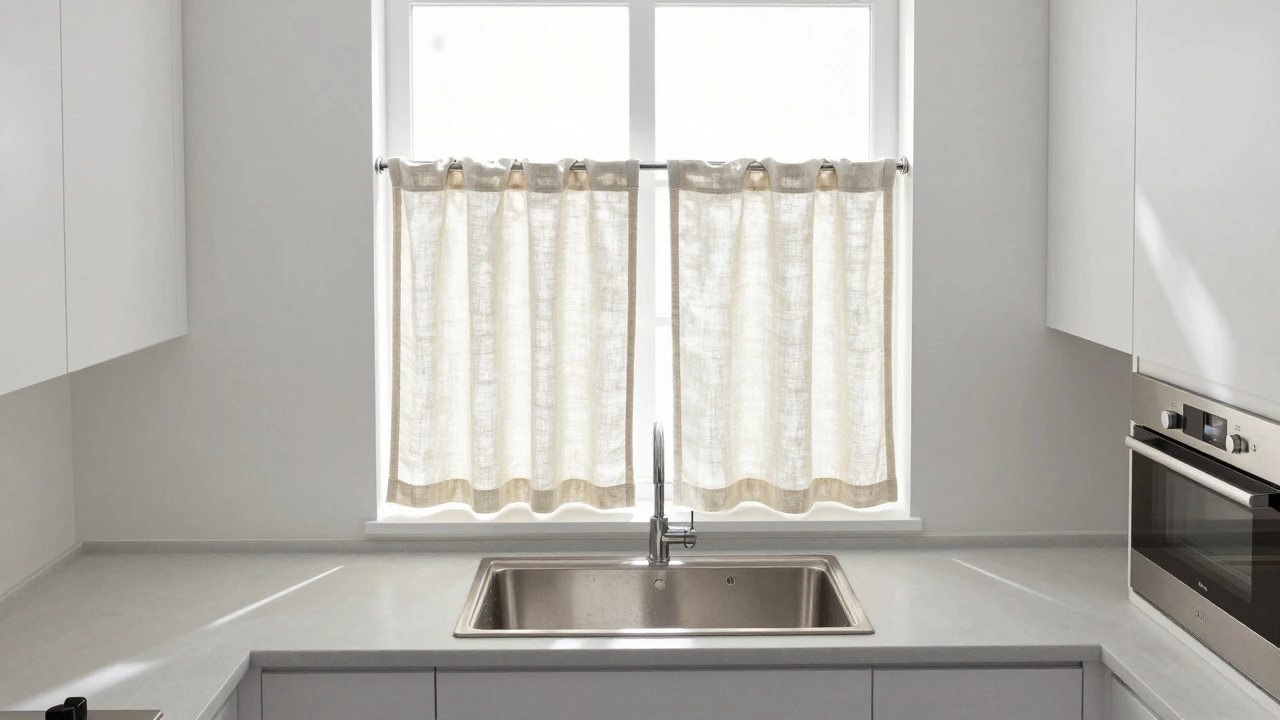 Short cafe-style curtains in a kitchen window above a sink