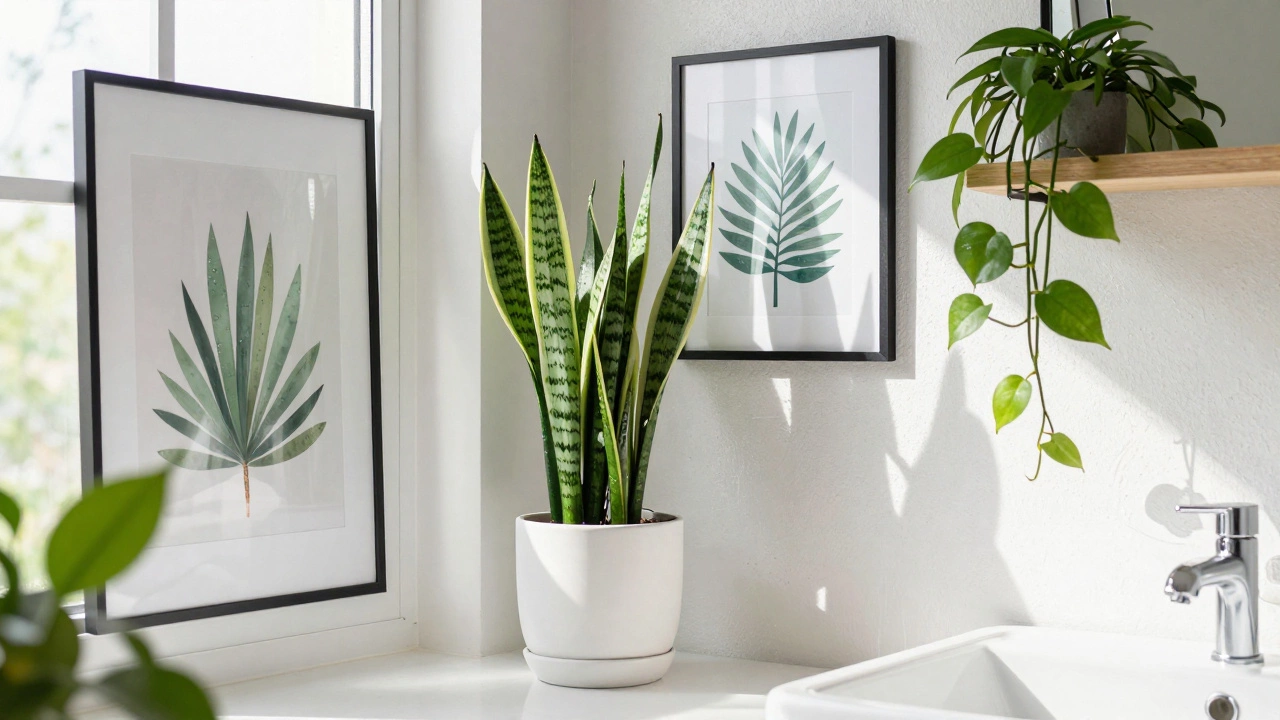 Snake plant and potted greenery adding freshness to a bright bathroom